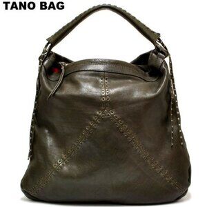 New TANO LG Hobo Shoulder Bag Choc Leather Whipstitch & Gold Stud Fringe Accents